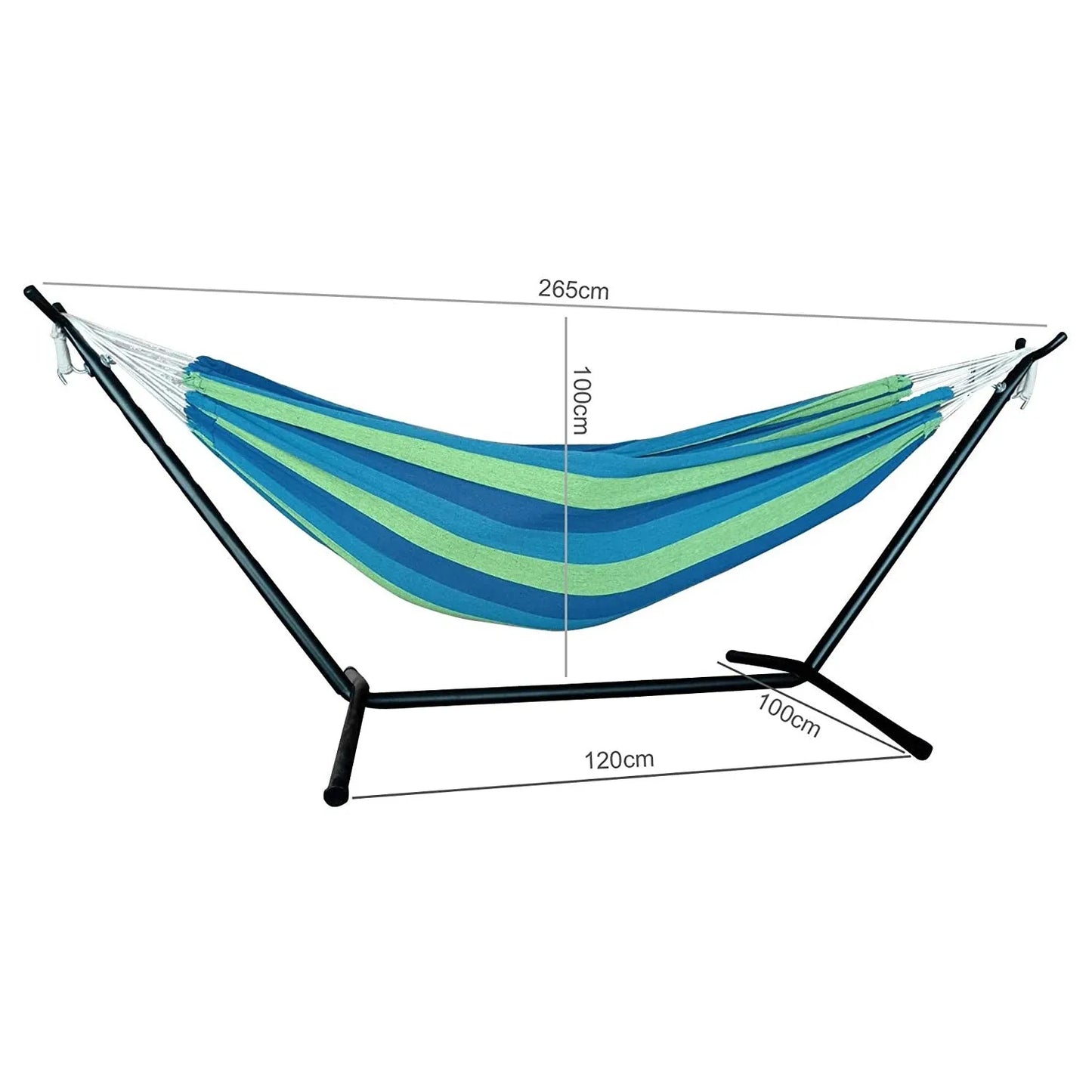 HMS Portable Two-Person Blue and Green Stripe Hammock with Stand Modern Design Cotton and Nylon Outdoor Hammock