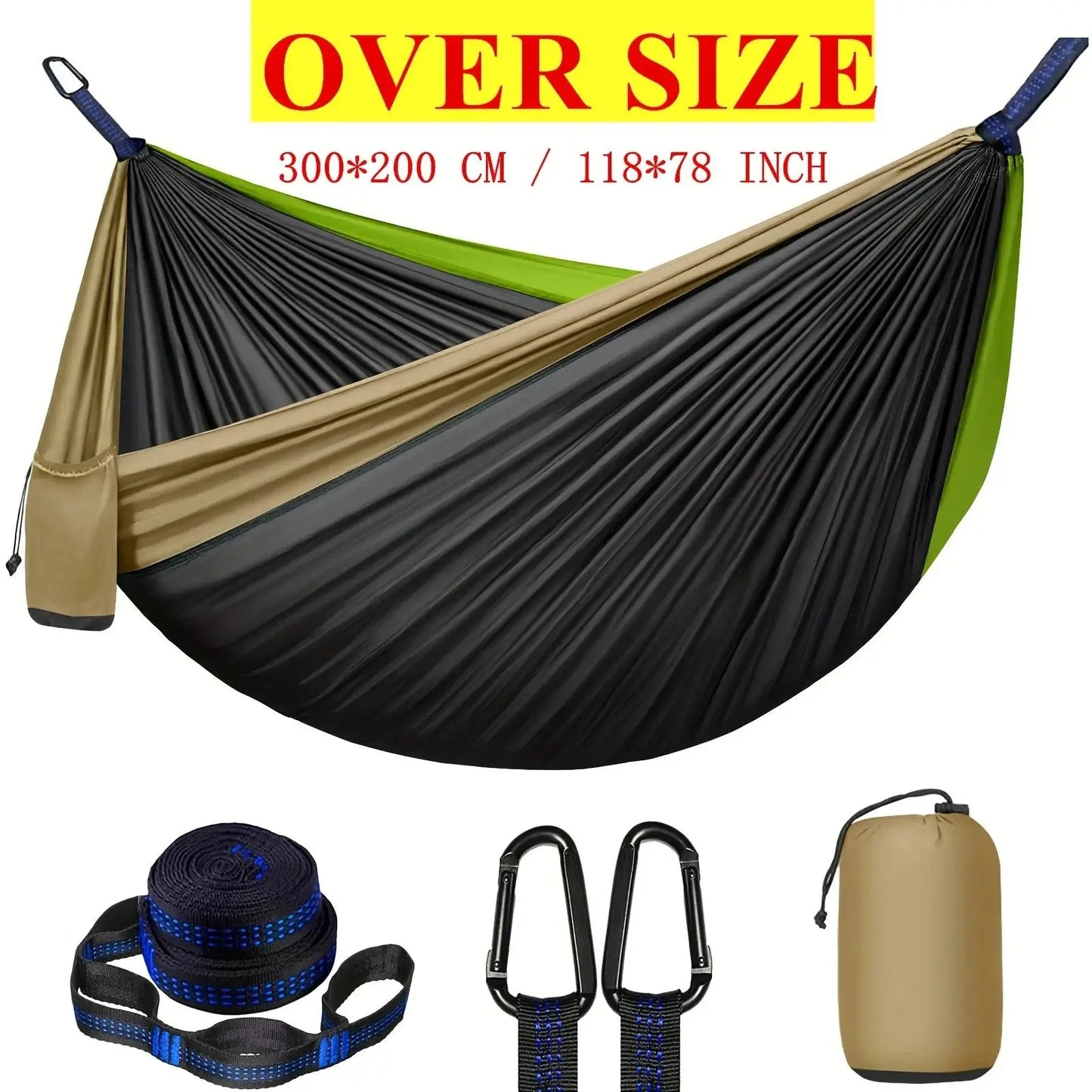 Extra-Large Double Camping Hammock, 3m x 2m (300*200cm), Includes Two 2m Tree Straps, Two D-Shaped Stainless Steel Hooks