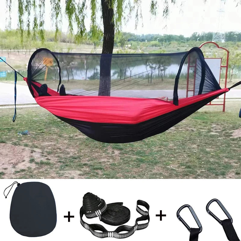 Double Camping Hammock with Mosquito Netting Pop-up Portable Hammock Ultralight Nylon Parachute Hammocks with Tree Straps