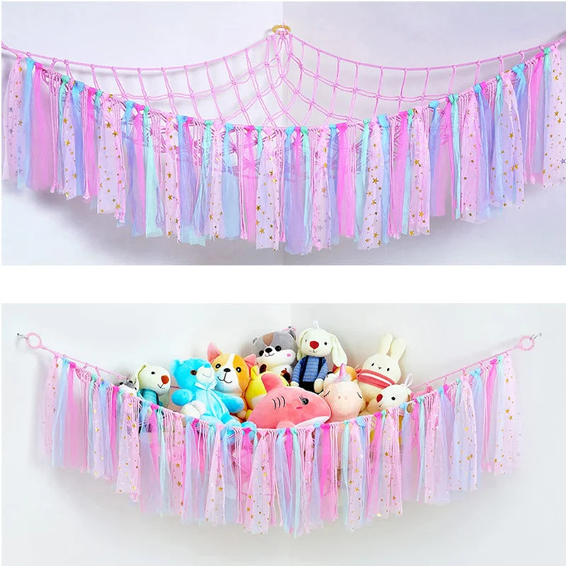 Hammock with Tassels Storage Net for Stuffed Animals Holder and Plush Toy Hammock Soft Cuddly Toys Large Corner Hanging Net
