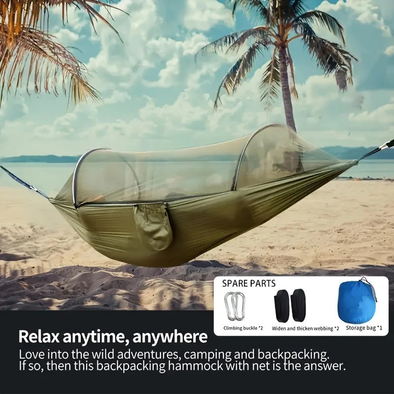 Quickly install hammock, with mosquito net, nylon knitted fabric, very suitable for outdoor camping, mosquito net hammock