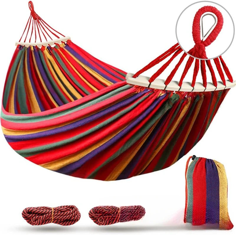 Canvas Hammock Anti-Roll Double Camping with Curved Wooden Poles Outdoor Swing Bed for Two