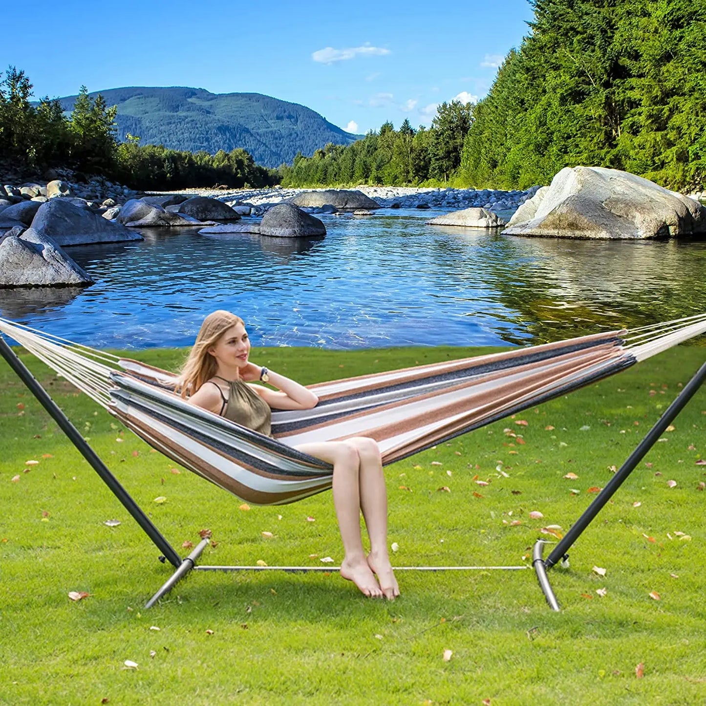 Indoor Outdoor Outside Patio 450 Lbs Capacity 2 Person Cotton Brazilian Hammock With Stand