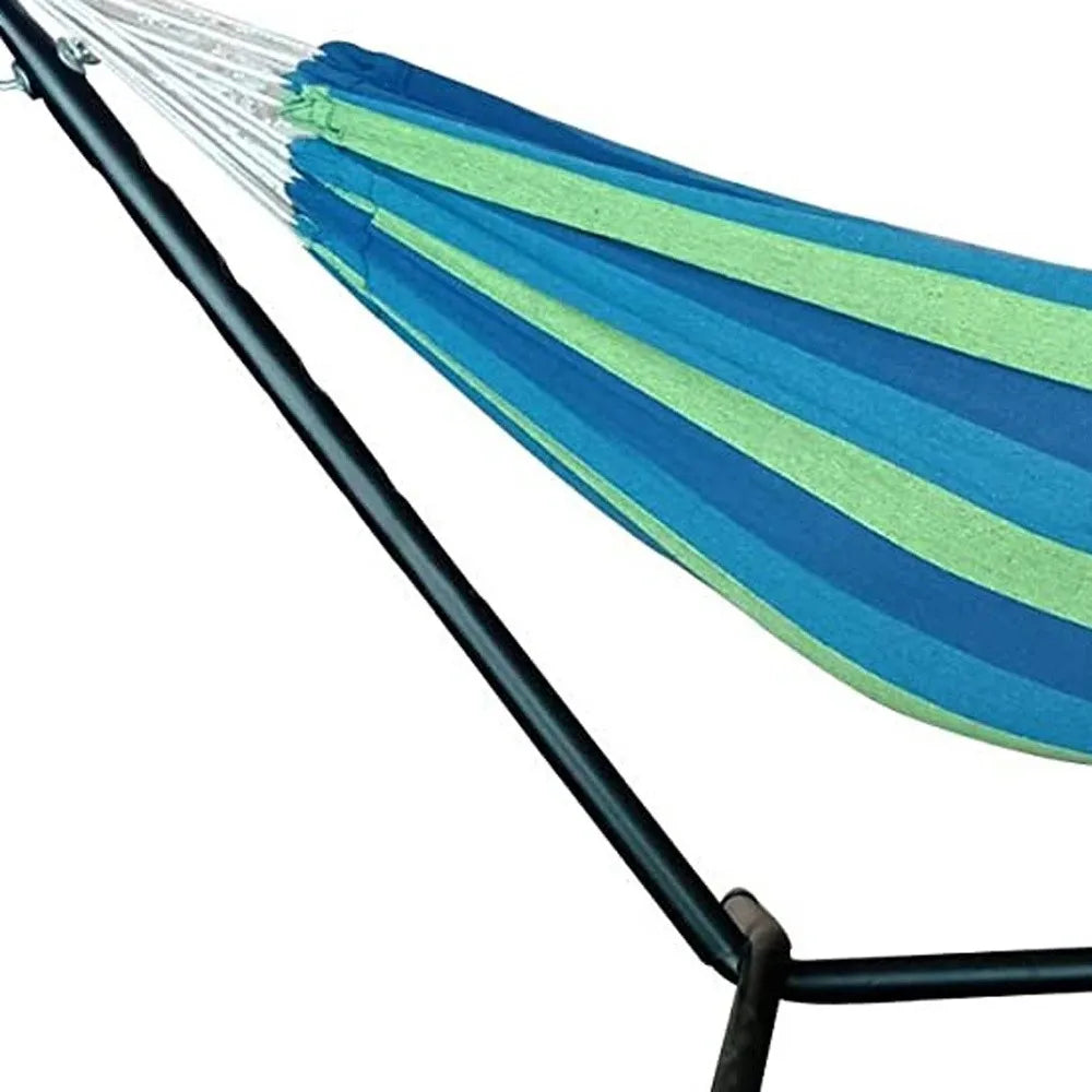 HMS Portable Two-Person Blue and Green Stripe Hammock with Stand Modern Design Cotton and Nylon Outdoor Hammock