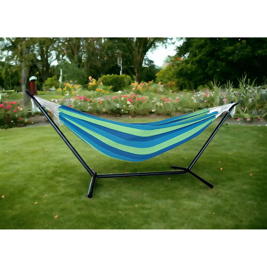 HMS Portable Two-Person Blue and Green Stripe Hammock with Stand Modern Design Cotton and Nylon Outdoor Hammock