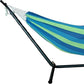HMS Portable Two-Person Blue and Green Stripe Hammock with Stand Modern Design Cotton and Nylon Outdoor Hammock