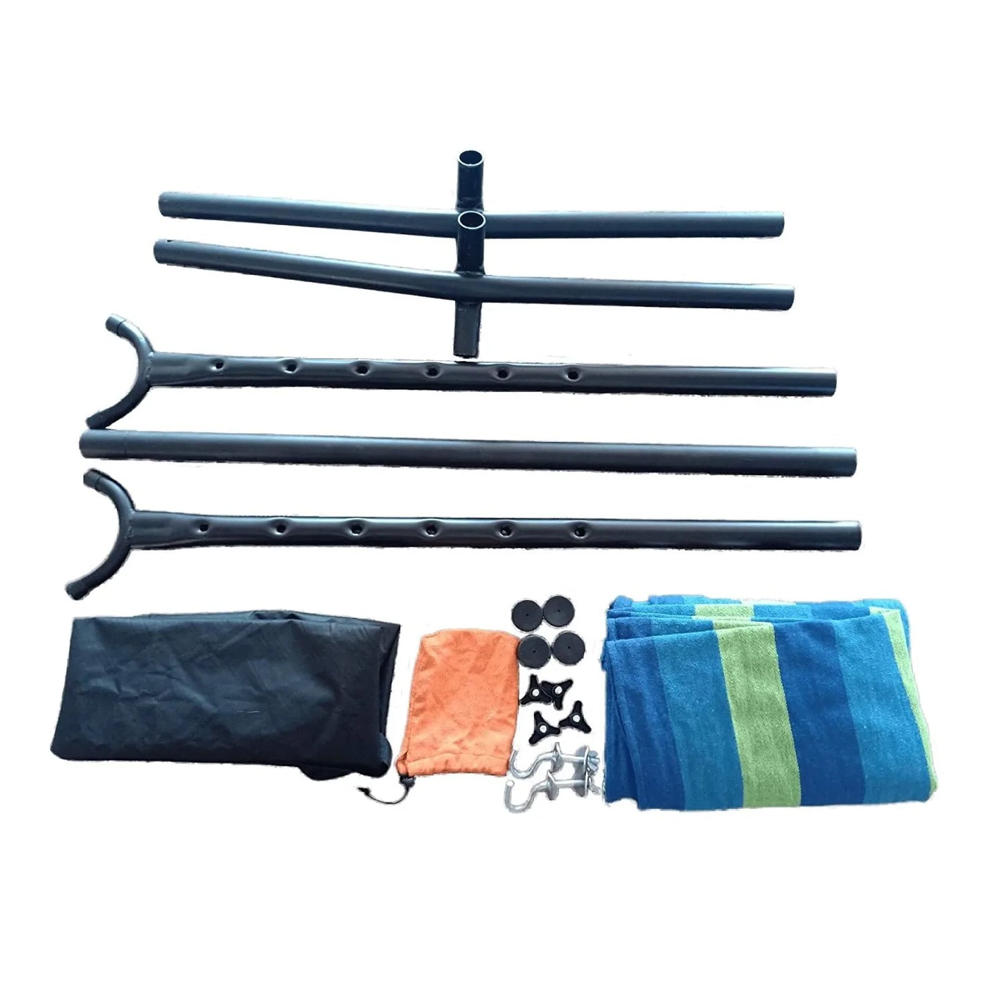 HMS Portable Two-Person Blue and Green Stripe Hammock with Stand Modern Design Cotton and Nylon Outdoor Hammock