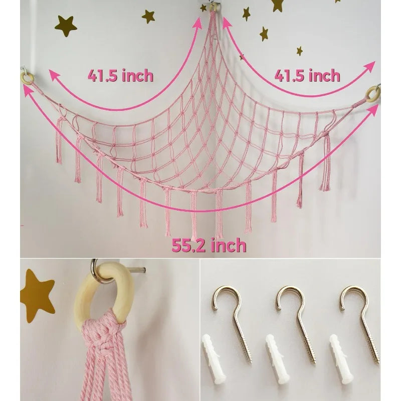 1PCS Pink Stuffed Animal Storage Hammock – Corner Net Organizer for Toys Boho Nursery Decor for Teen Girls Room