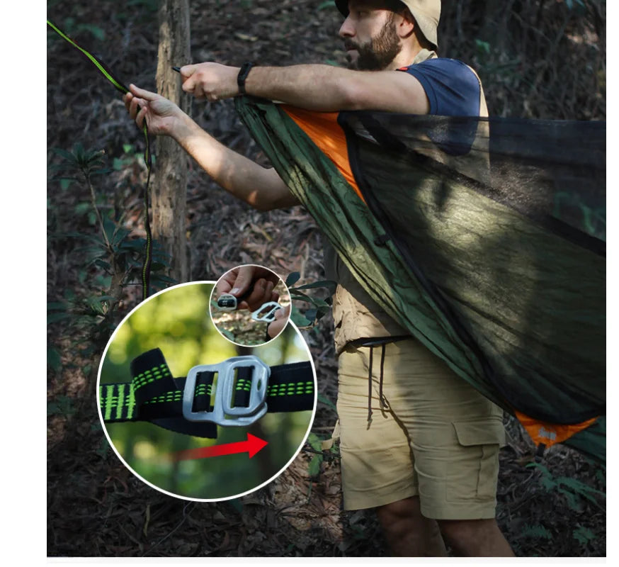 New Travelers camping outdoors with mosquito net hammocks, increased anti roll over speed, anti mosquito hammocks