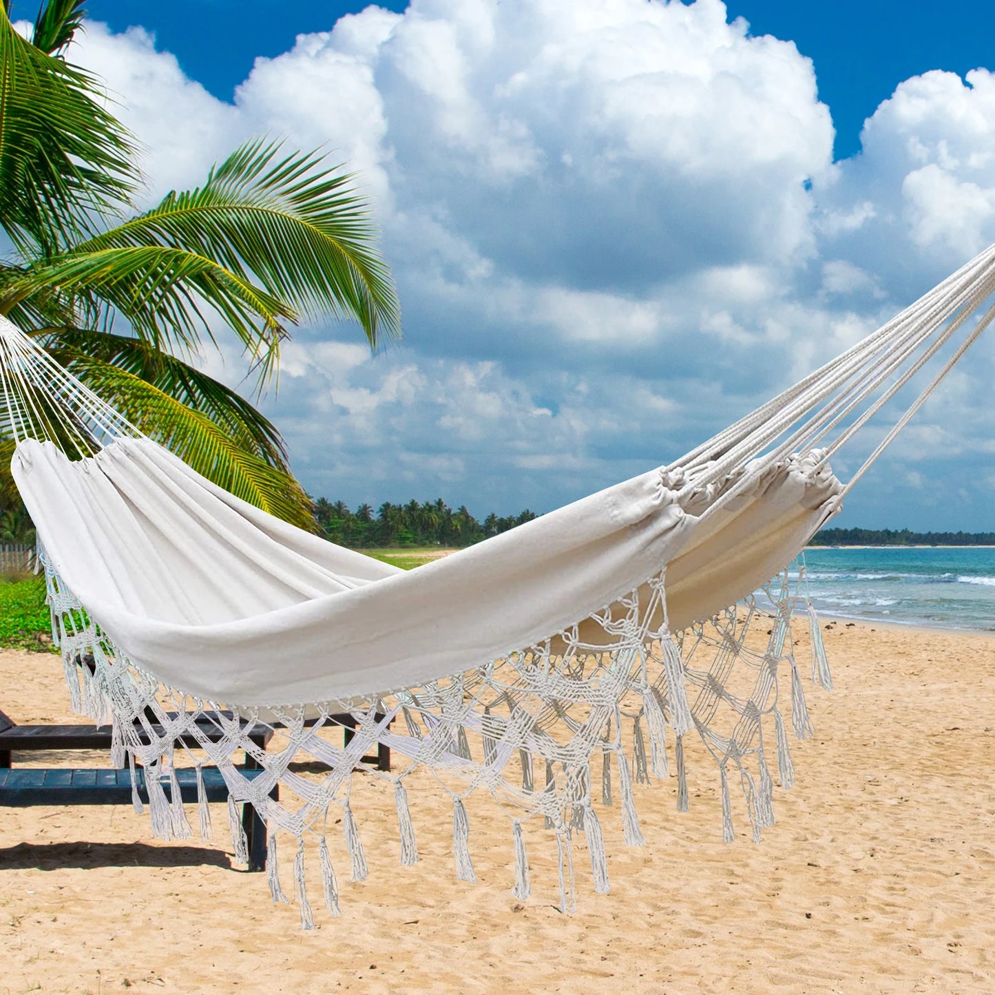 Macrame Fringe Hammock Boho Balcony Hammock Handmade Tassels Hammock 2 Person Double Hammock for Home Outdoor Backyard Beach