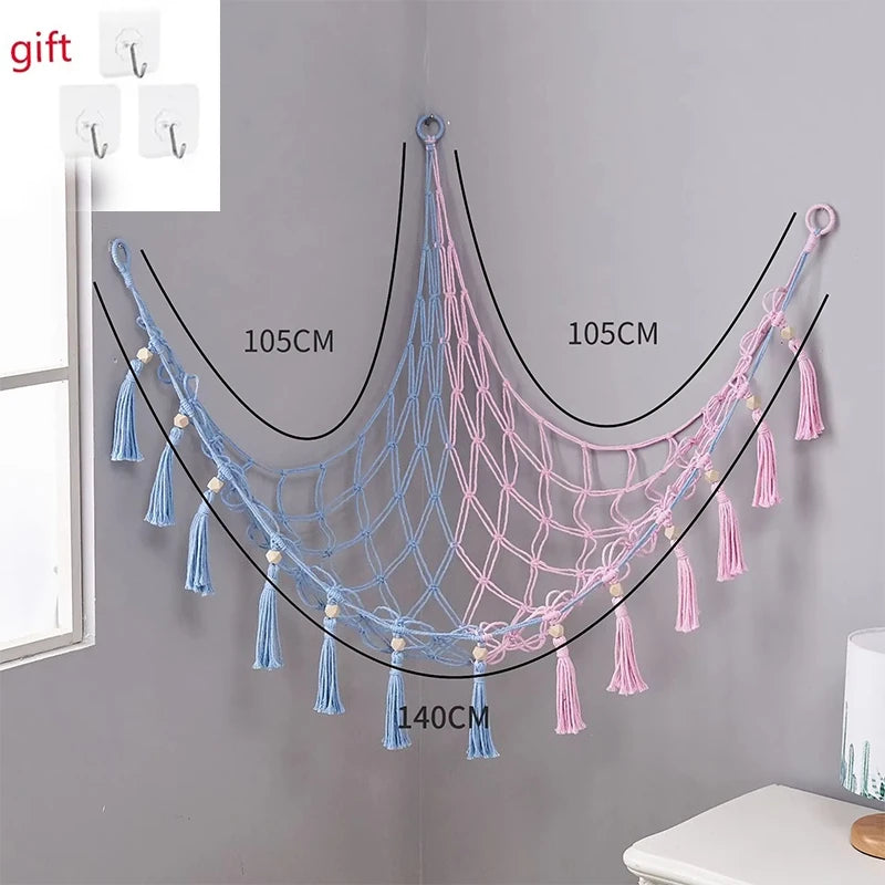 Plush Toy Hammock Large Capacity Stuffed Animals Organizer Net Macrame Tassels Boho Home Wall Decoration Hanging Basket