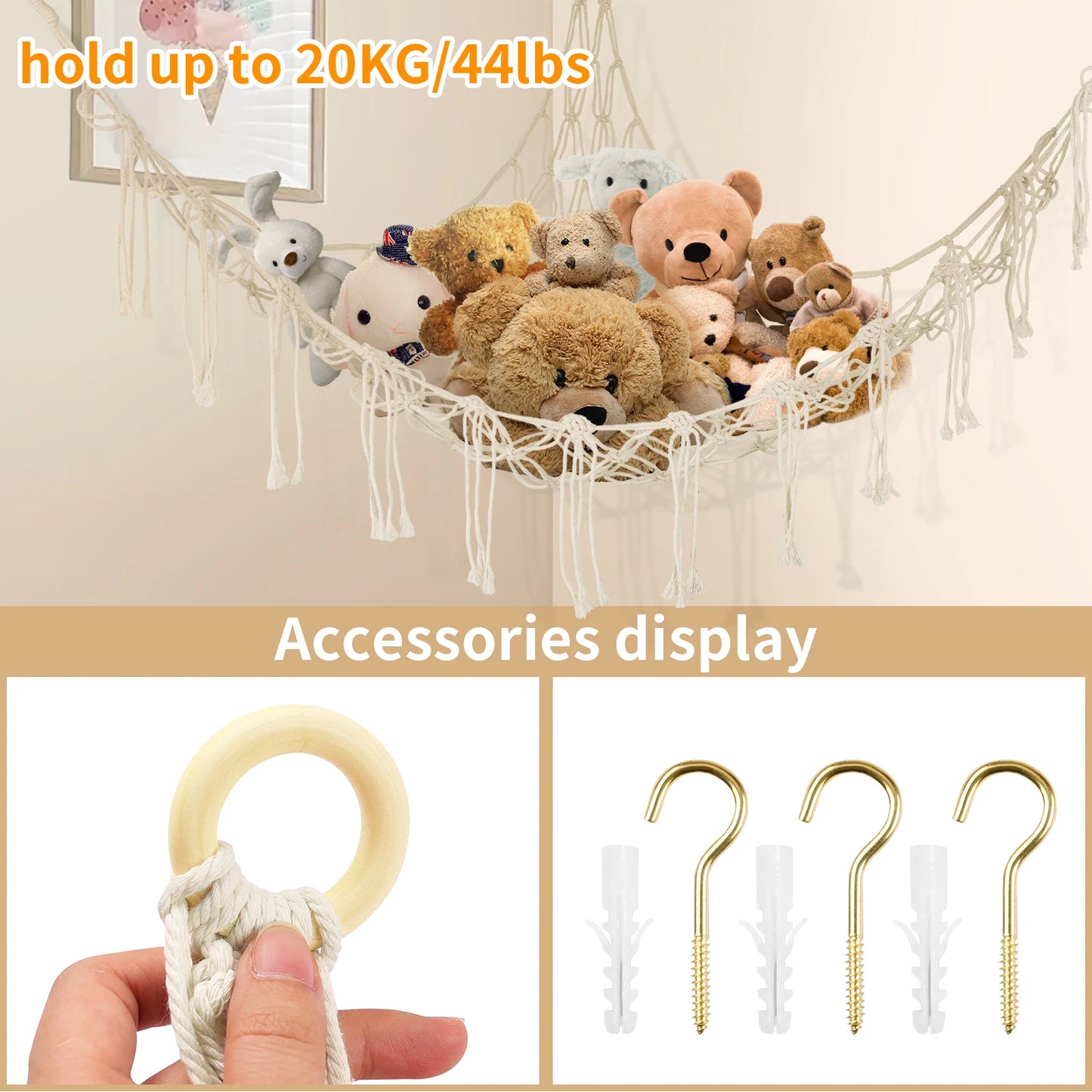 Plush Toy Hammock Large Capacity Stuffed Animals Organizer Net Macrame Tassels Boho Home Wall Decoration Hanging Basket
