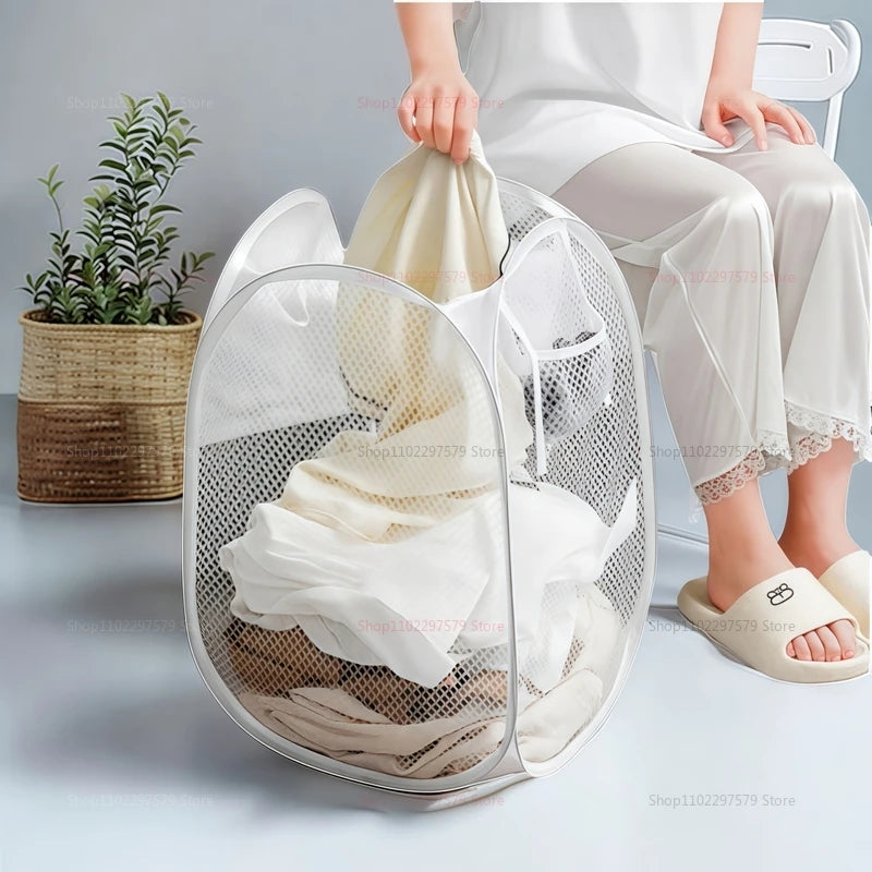 Portable Mesh Pop Up Laundry Hamper Wide Opening Breathable Collapsible Storage Bag Laundry Basket Dorm Travel Bathroom Items