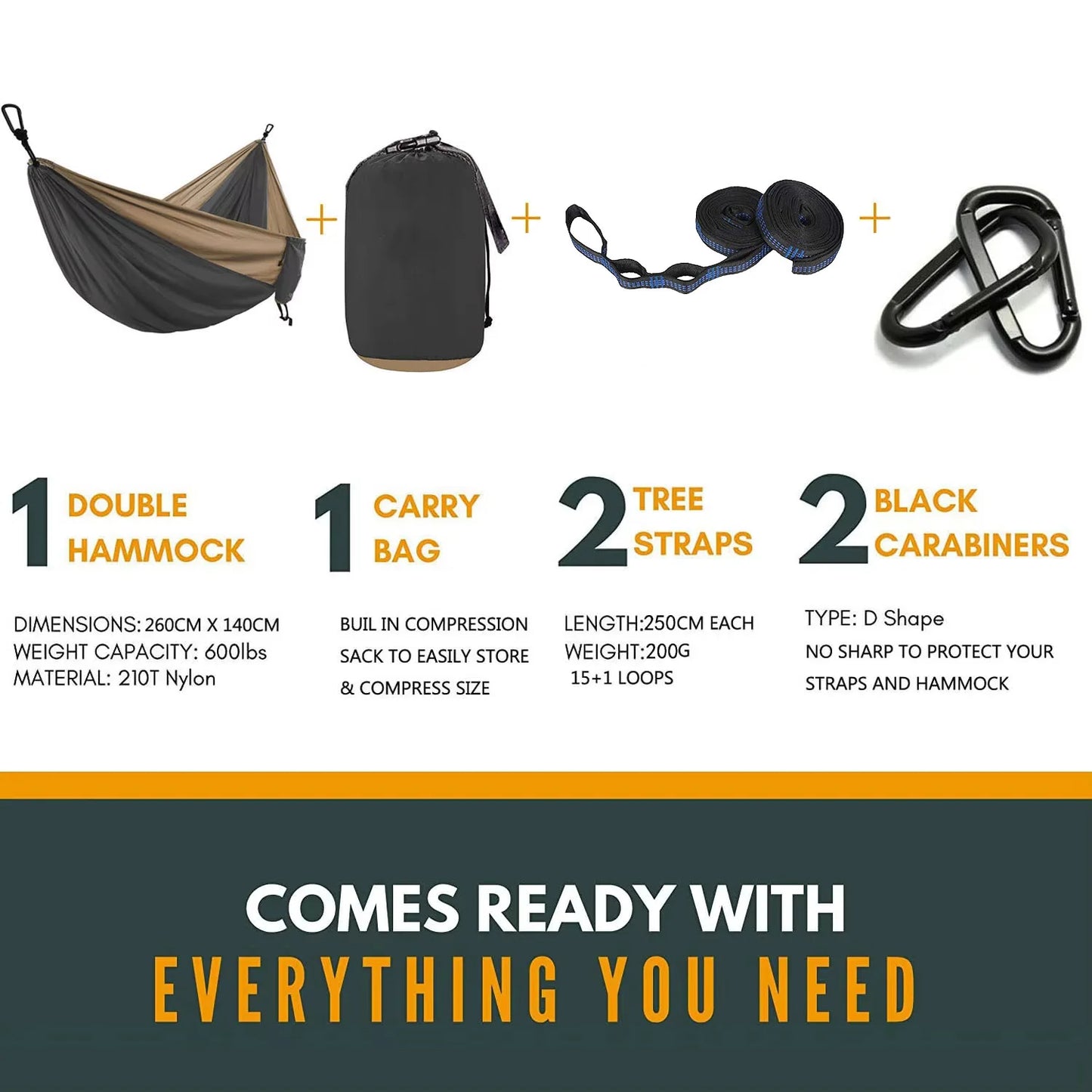 Parachute Hammock with Hammock Straps and Black Carabiner Solid Color  Camping Survival Travel Double Person Outdoor Furniture