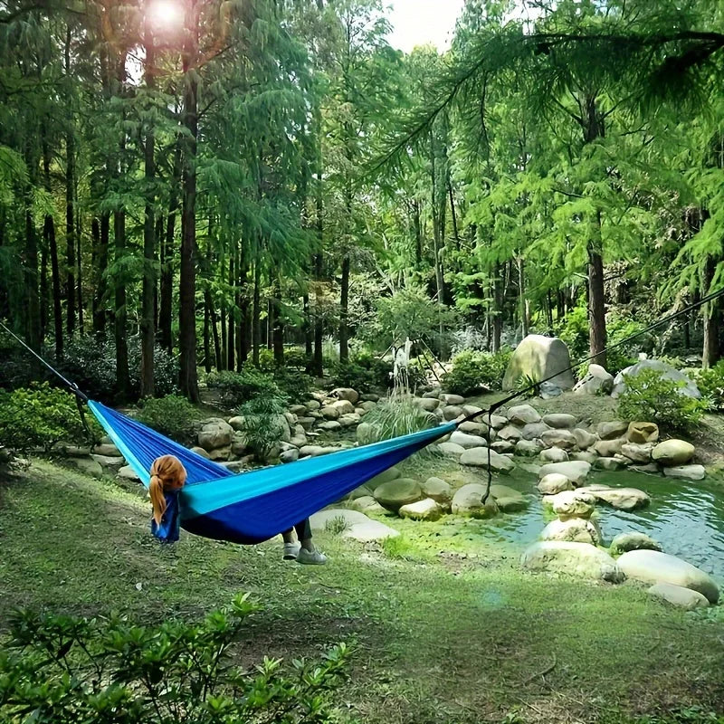 Colorful block nylon hammock with mountain buckle - Durable outdoor camping and travel equipment, including straps