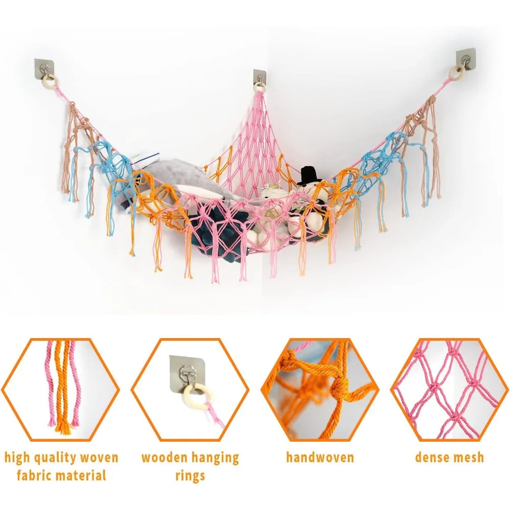 Toy Hammocks Wall Corner Hanging Storage Net Organizer Woven Kids Stuffed Mesh Hammock Baby Animal Rope Hammock Bag Cotton