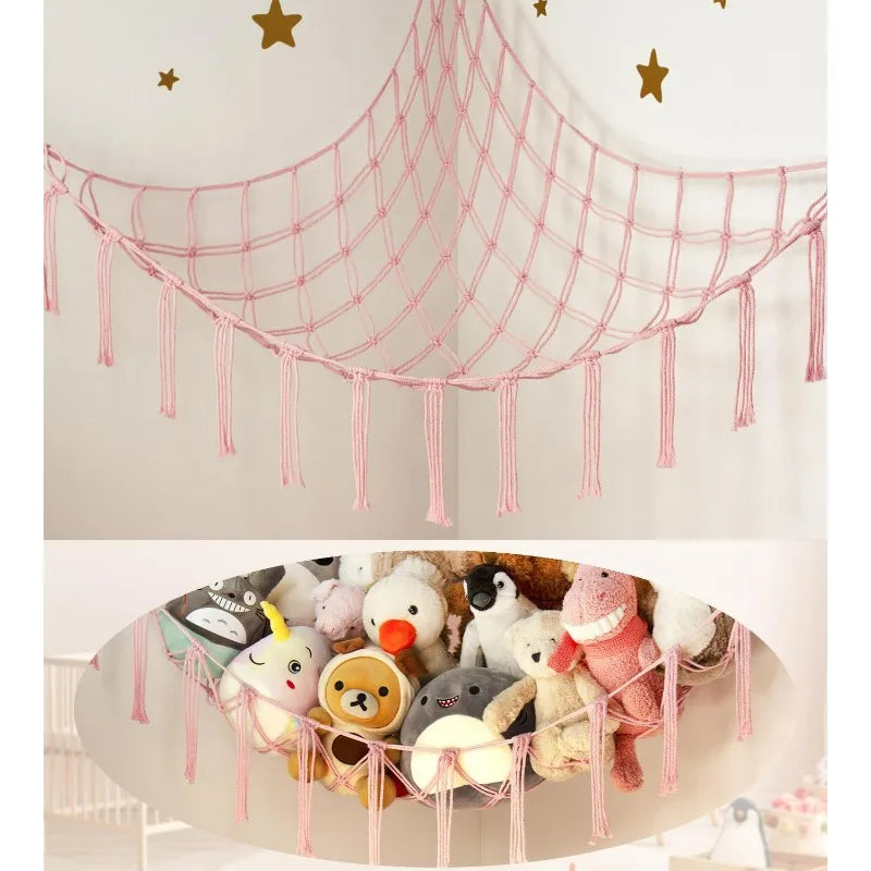 1PCS Pink Stuffed Animal Storage Hammock – Corner Net Organizer for Toys Boho Nursery Decor for Teen Girls Room