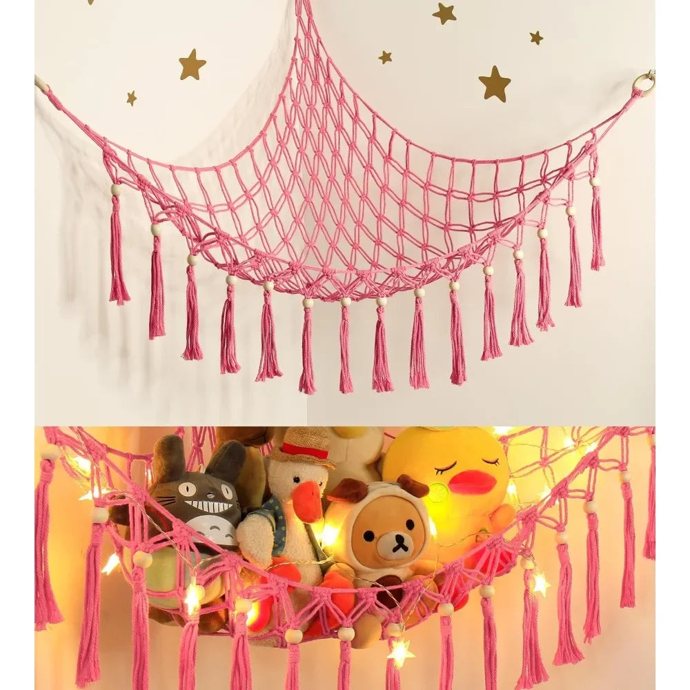 Plush Toy Hammock Large Capacity Stuffed Animals Organizer Net Macrame Tassels Boho Home Wall Decoration Hanging Basket