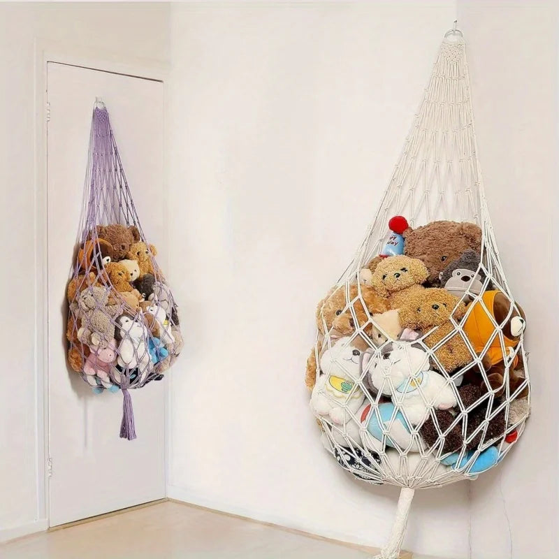 Animal Storage Macrame Hammock, Large - Boho Room Decor Toy Storage - Corner Hanging Plushie Stuffed Animal Net Organizer