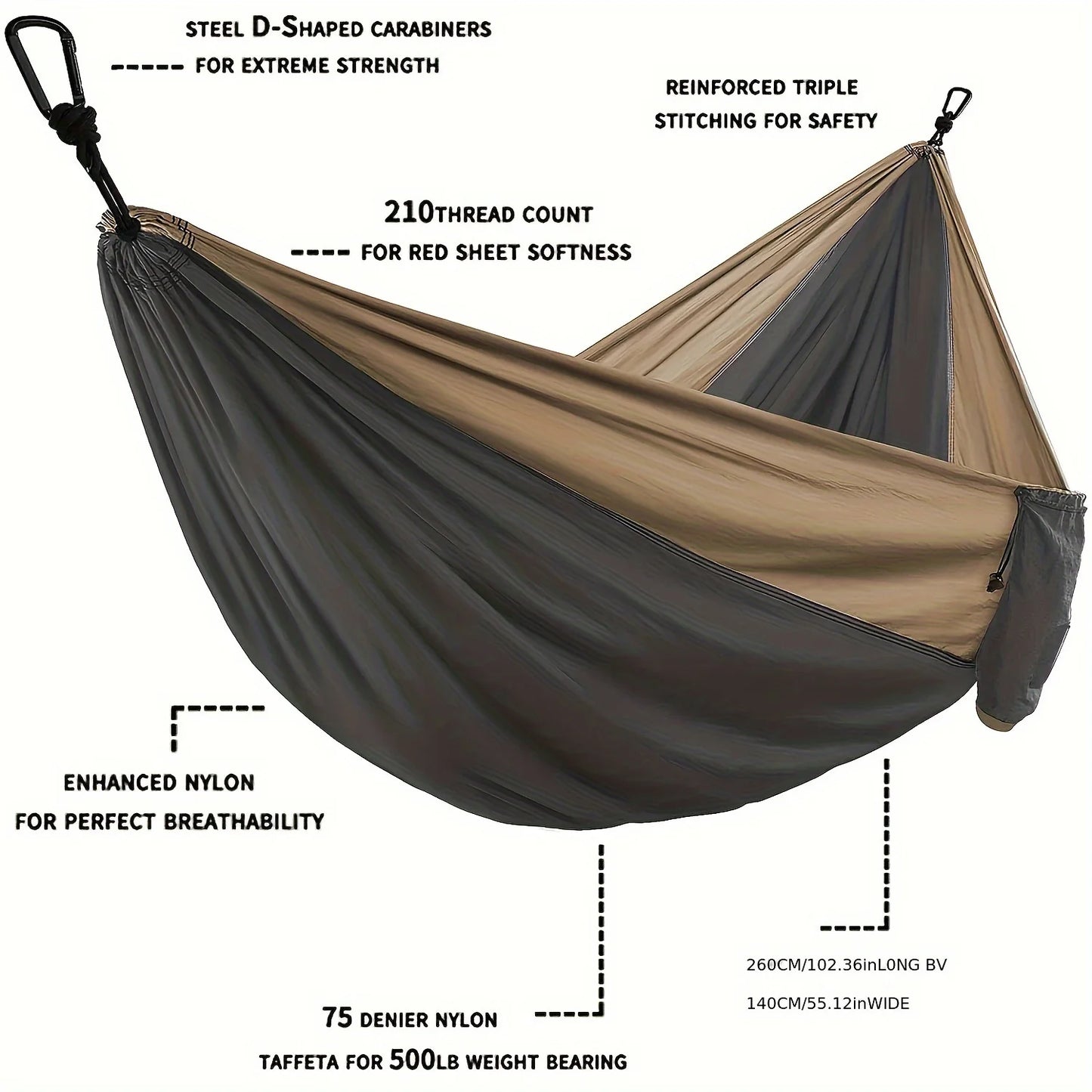 Colorful block nylon hammock with mountain buckle - Durable outdoor camping and travel equipment, including straps