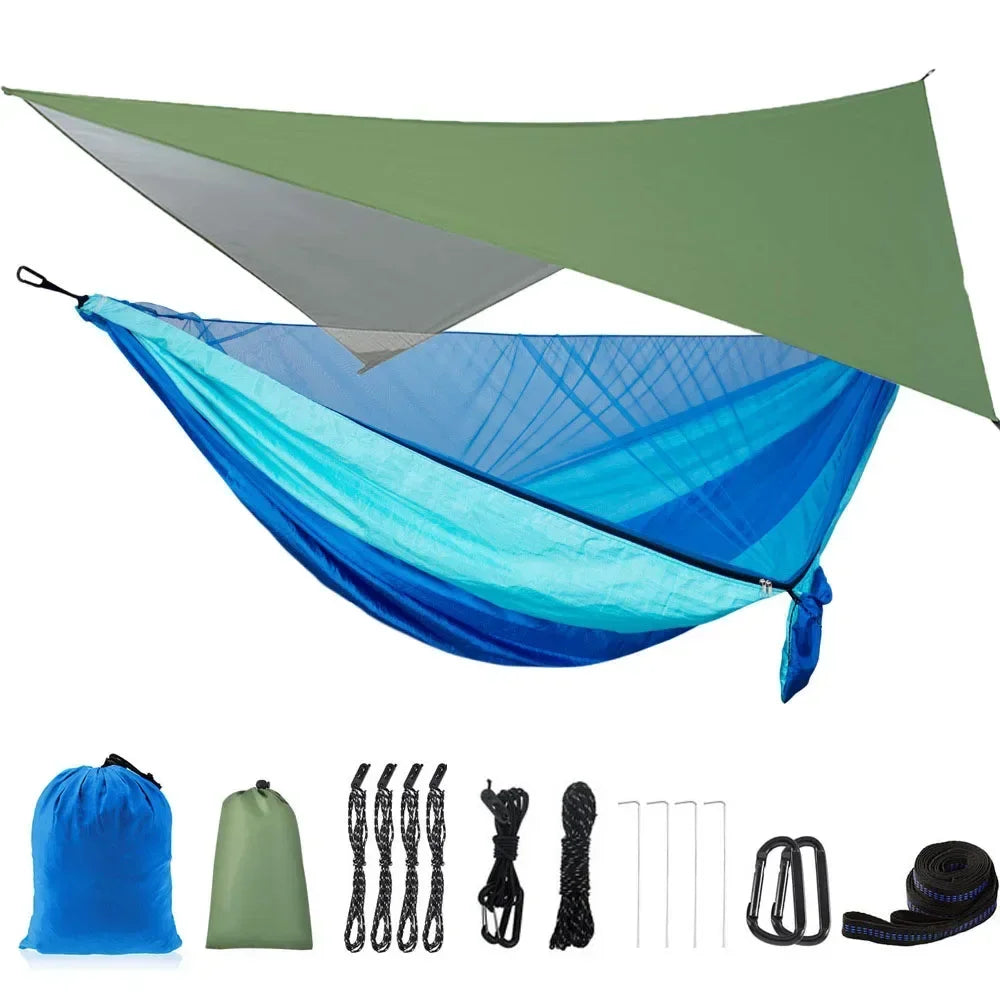 Camping Hammock with Rain Fly Tarp and Mosquito Net Tent Tree Straps Portable Single Double Nylon Parachute Hammock for Travel