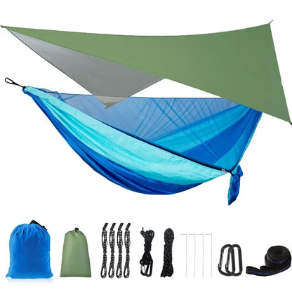 Camping Hammock with Rain Fly Tarp and Mosquito Net Tent Tree Straps Portable Single Double Nylon Parachute Hammock for Travel