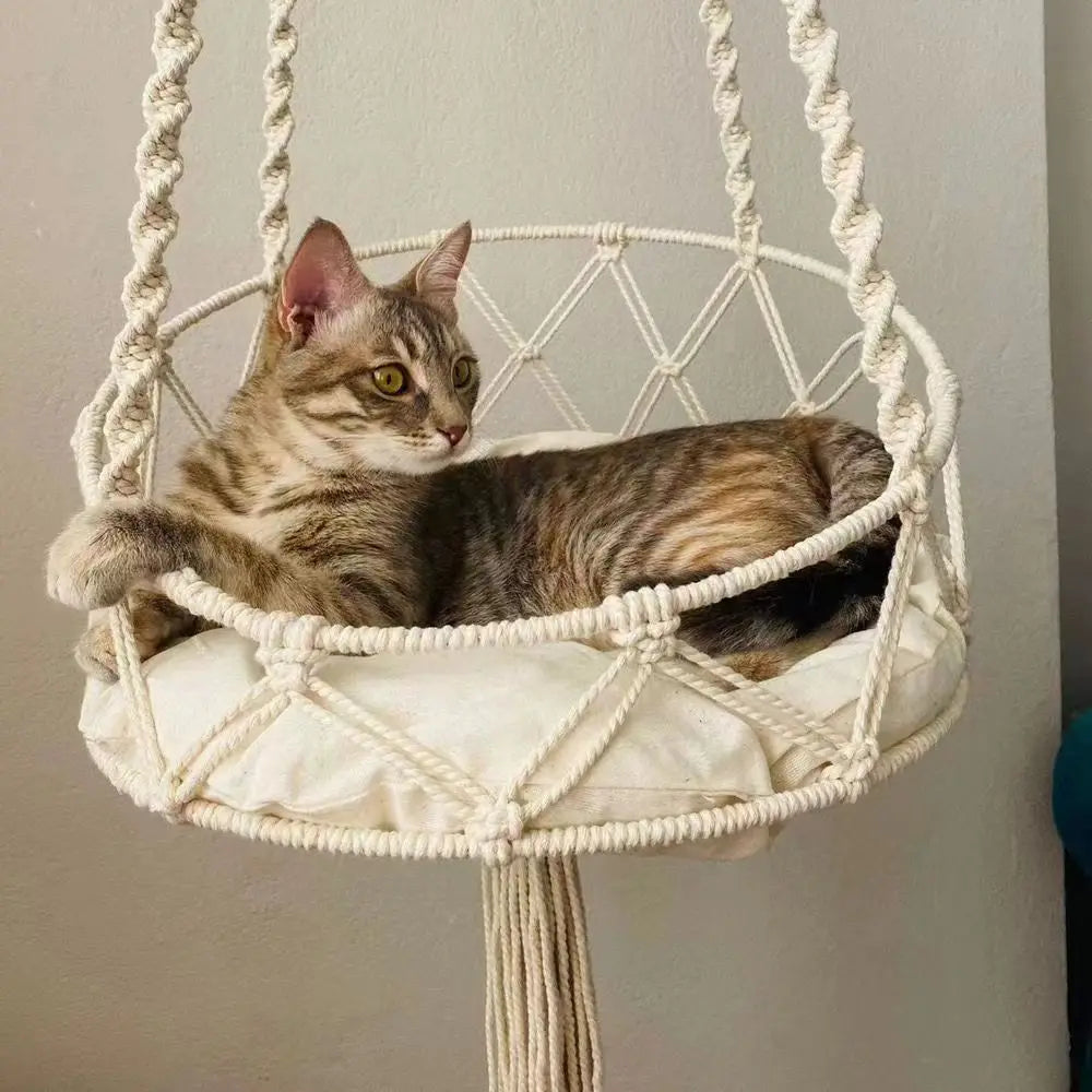Handmade Crochet Cat Hammock Bohemian Hanging Bed Cozy Indoor Pet Nest for Kittens