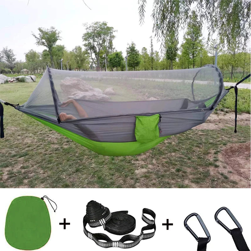 Double Camping Hammock with Mosquito Netting Pop-up Portable Hammock Ultralight Nylon Parachute Hammocks with Tree Straps