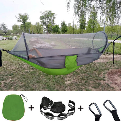 Double Camping Hammock with Mosquito Netting Pop-up Portable Hammock Ultralight Nylon Parachute Hammocks with Tree Straps
