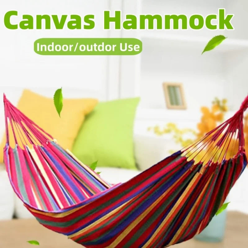 Outdoor Canvas Hammock Swing Single or Double Person Colorful Stripes Curved Stick Polyester Anti-Slip Comfortable Backyard