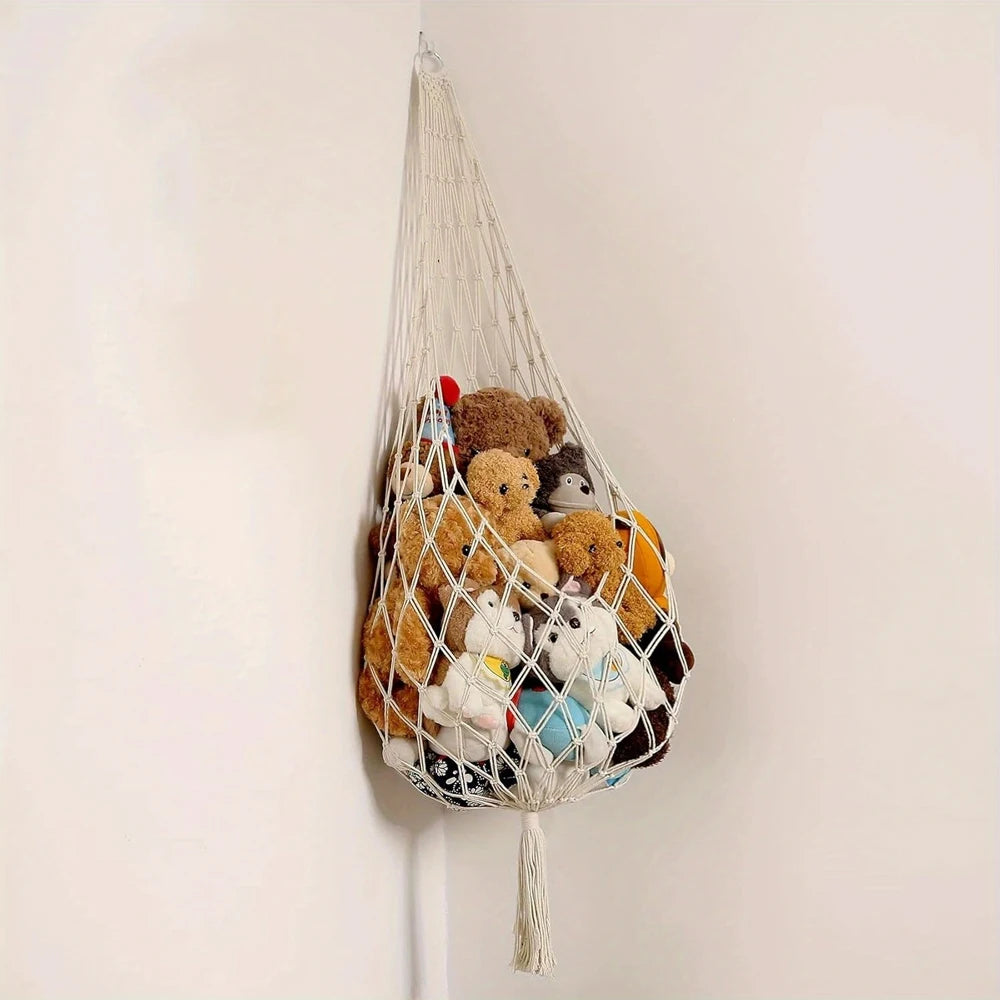 Animal Storage Macrame Hammock, Large - Boho Room Decor Toy Storage - Corner Hanging Plushie Stuffed Animal Net Organizer