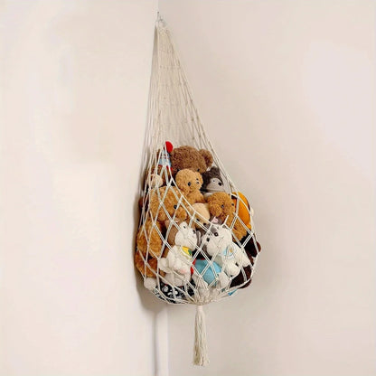 Animal Storage Macrame Hammock, Large - Boho Room Decor Toy Storage - Corner Hanging Plushie Stuffed Animal Net Organizer
