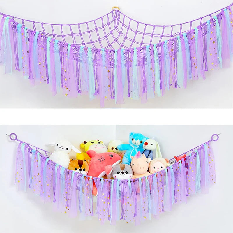 Hammock with Tassels Storage Net for Stuffed Animals Holder and Plush Toy Hammock Soft Cuddly Toys Large Corner Hanging Net