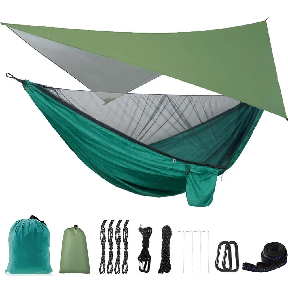 Camping Hammock with Rain Fly Tarp and Mosquito Net Tent Tree Straps Portable Single Double Nylon Parachute Hammock for Travel