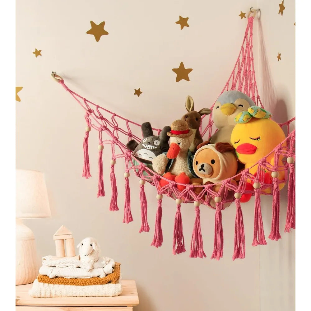 Plush Toy Hammock Large Capacity Stuffed Animals Organizer Net Macrame Tassels Boho Home Wall Decoration Hanging Basket