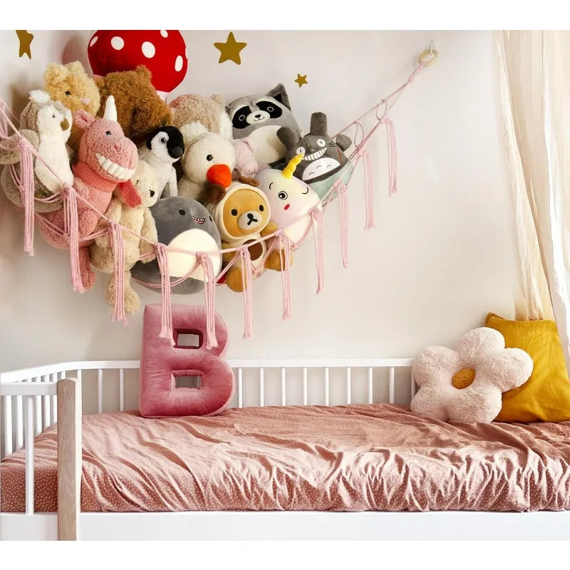 1PCS Pink Stuffed Animal Storage Hammock – Corner Net Organizer for Toys Boho Nursery Decor for Teen Girls Room
