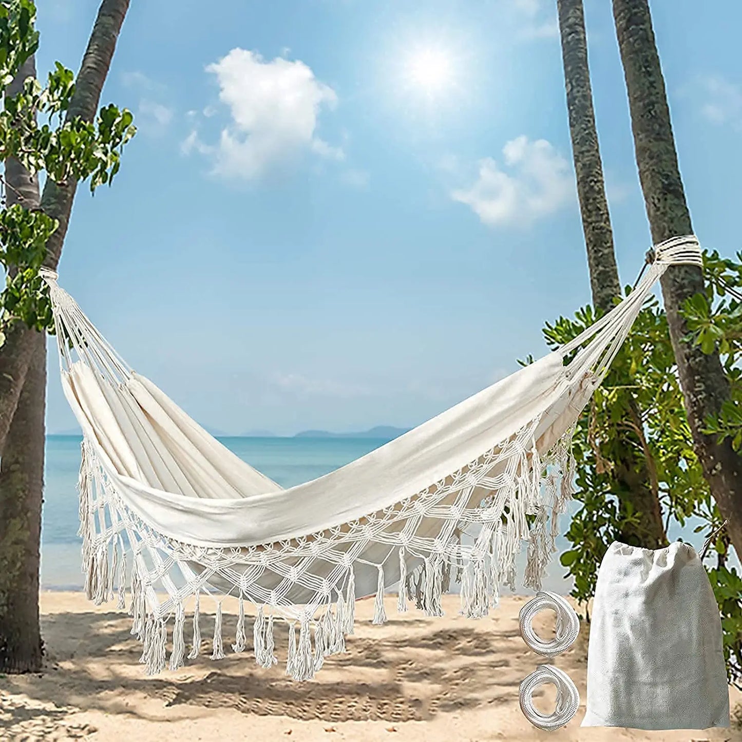 Macrame Fringe Hammock Boho Balcony Hammock Handmade Tassels Hammock 2 Person Double Hammock for Home Outdoor Backyard Beach