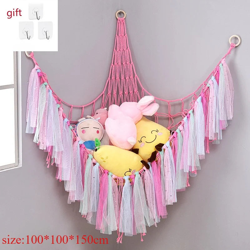 Plush Toy Hammock Large Capacity Stuffed Animals Organizer Net Macrame Tassels Boho Home Wall Decoration Hanging Basket