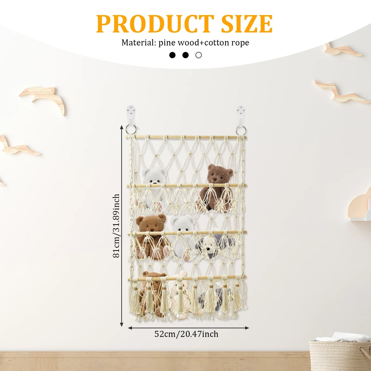 Stuffed Animal Toy Net Hammock Handmade Woven Cotton Rope Decoration Wall Hanging Organizer  Toy Doll Hammock ﻿