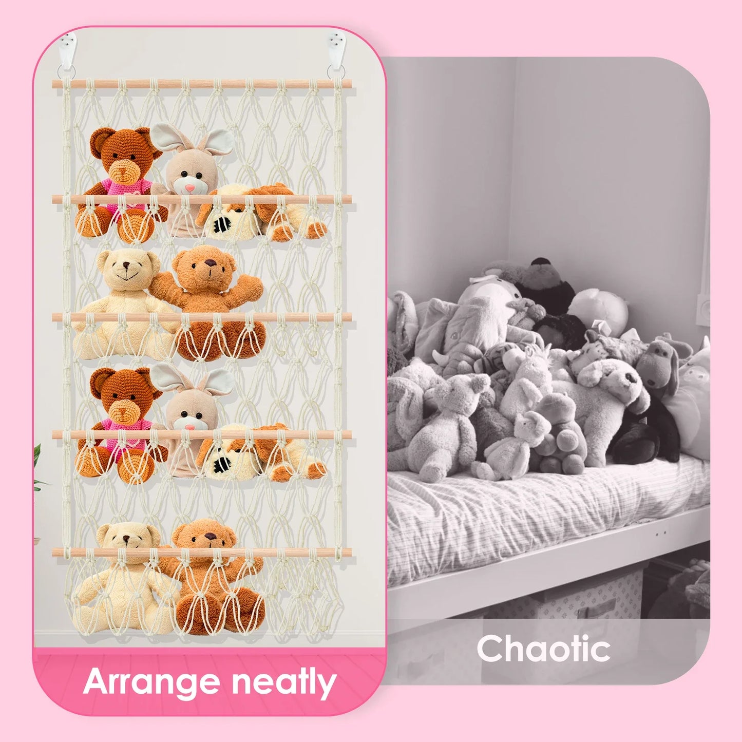 Stuffed Toy Storage Hammock 4-Layer Large Capacity Stuffed Storage Mesh Holder Hand-Woven Cotton Rope Hanging Organizer Washable
