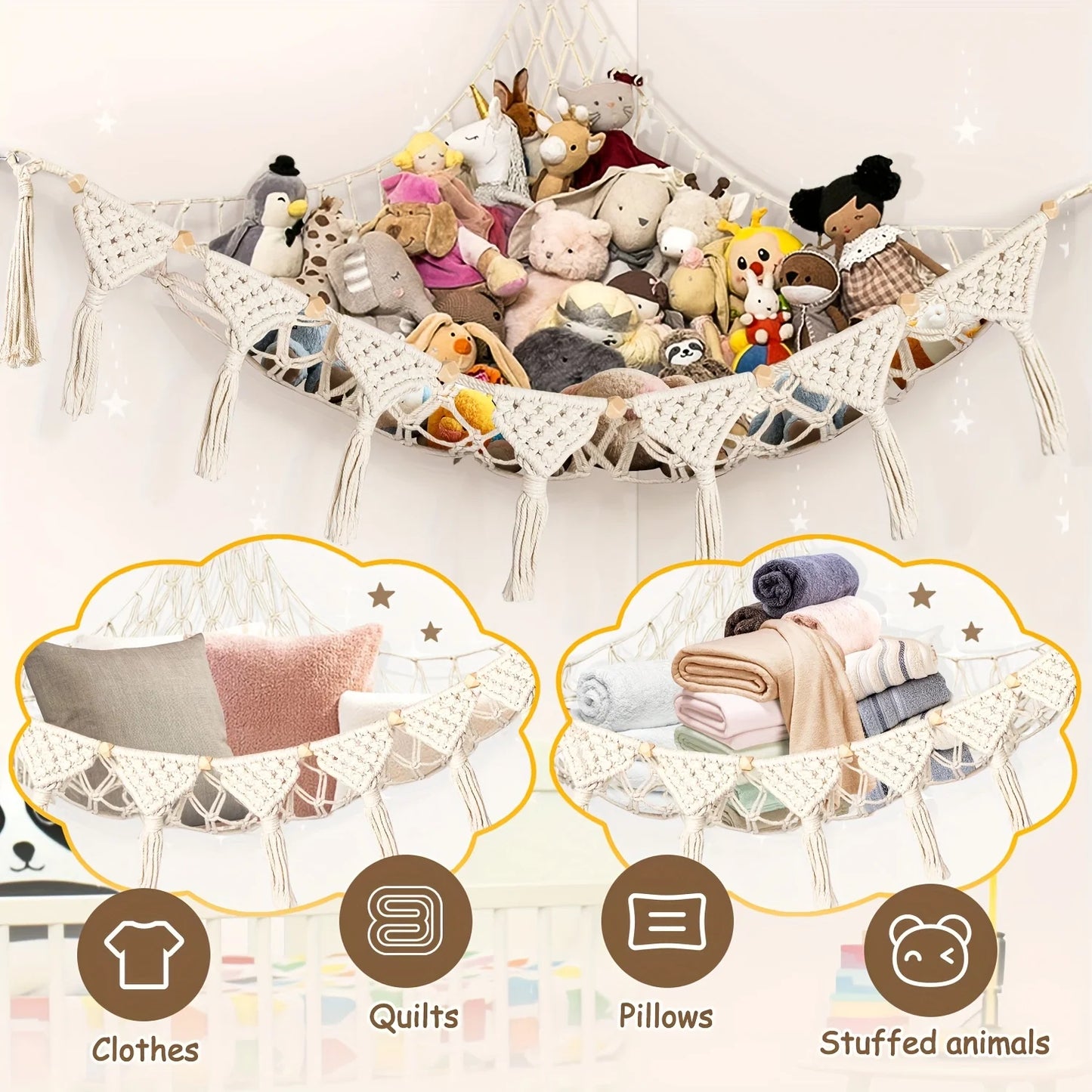 Stuffed Animal Toy Storage Hammock - Doll Stuff Animals Organizer Decorations - Cute Hanging Plushie Net Bedroom Room Decor