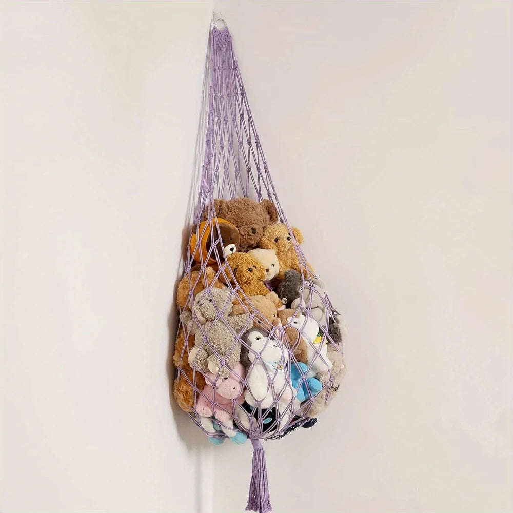 Animal Storage Macrame Hammock, Large - Boho Room Decor Toy Storage - Corner Hanging Plushie Stuffed Animal Net Organizer