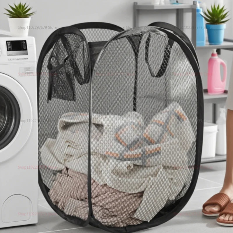Portable Mesh Pop Up Laundry Hamper Wide Opening Breathable Collapsible Storage Bag Laundry Basket Dorm Travel Bathroom Items