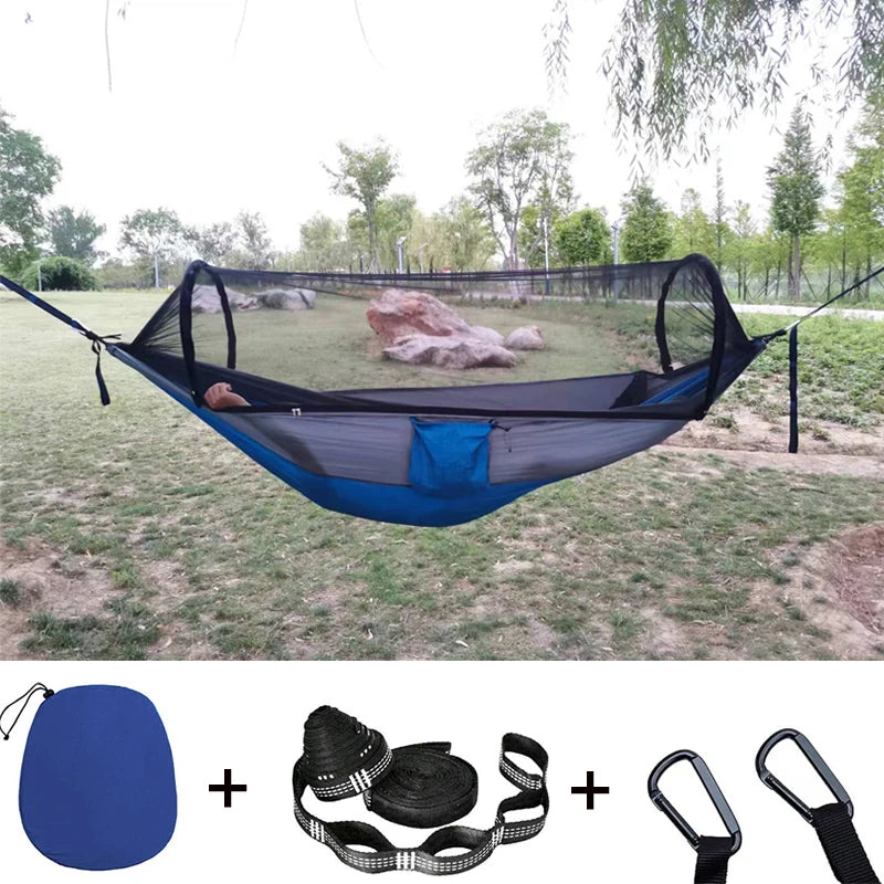 Double Camping Hammock with Mosquito Netting Pop-up Portable Hammock Ultralight Nylon Parachute Hammocks with Tree Straps