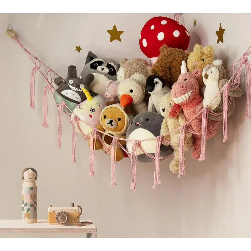 1PCS Pink Stuffed Animal Storage Hammock – Corner Net Organizer for Toys Boho Nursery Decor for Teen Girls Room