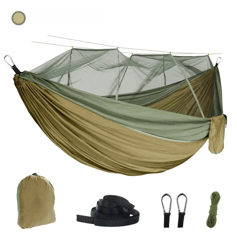 Double Person Camping Hammock with Mosquito Net Portable Outdoor Hanging Sleeping Hammock Hanging Bed Swing Outdoor Furniture