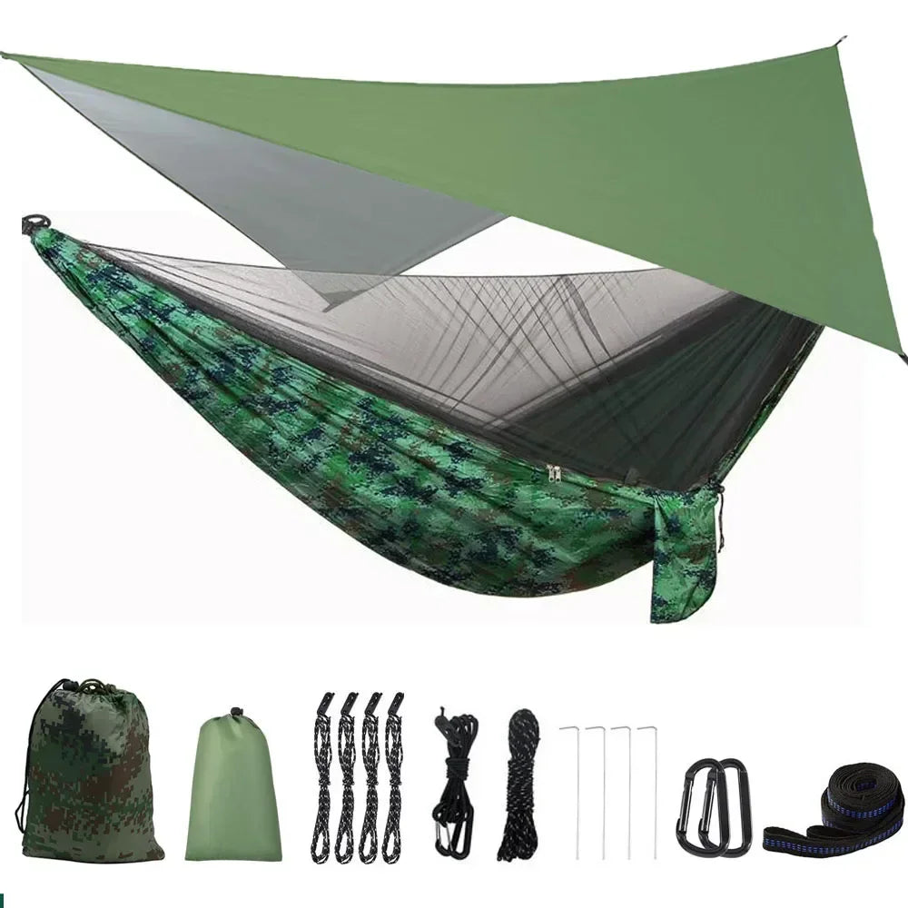 Camping Hammock with Rain Fly Tarp and Mosquito Net Tent Tree Straps Portable Single Double Nylon Parachute Hammock for Travel