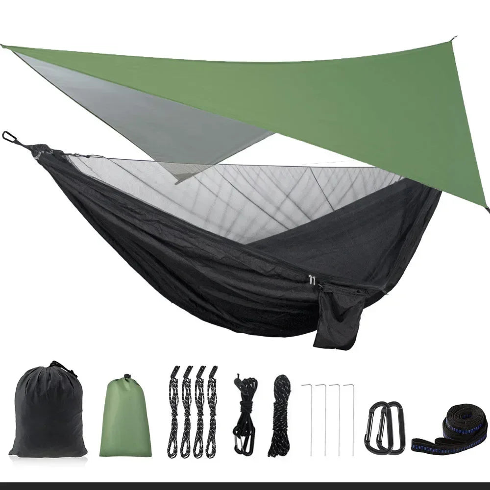 Camping Hammock with Rain Fly Tarp and Mosquito Net Tent Tree Straps Portable Single Double Nylon Parachute Hammock for Travel