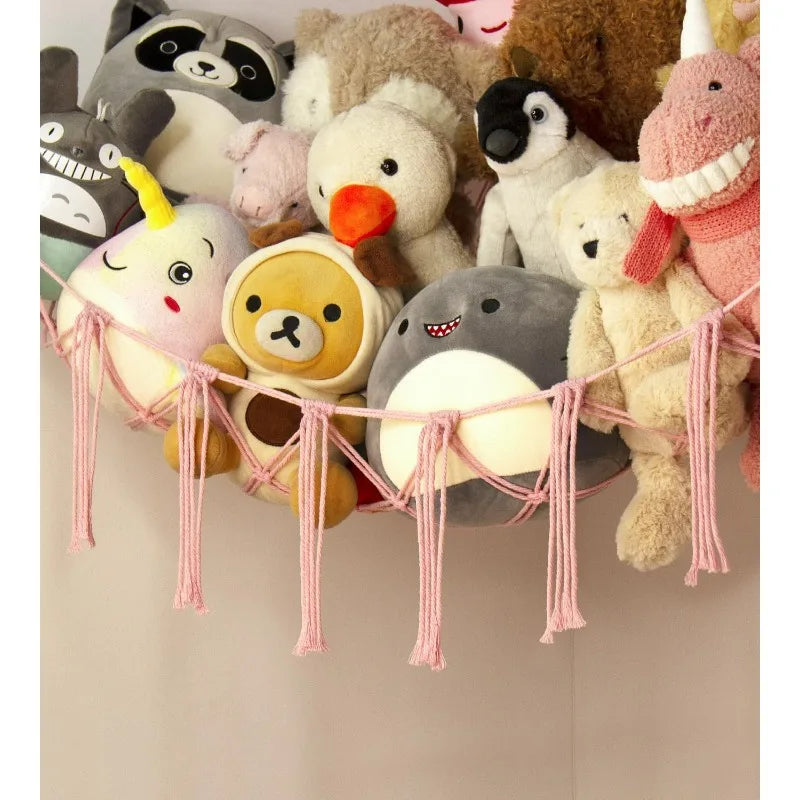 1PCS Pink Stuffed Animal Storage Hammock – Corner Net Organizer for Toys Boho Nursery Decor for Teen Girls Room