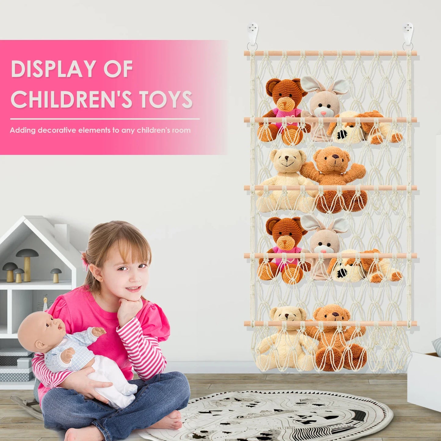 Stuffed Toy Storage Hammock 4-Layer Large Capacity Stuffed Storage Mesh Holder Hand-Woven Cotton Rope Hanging Organizer Washable